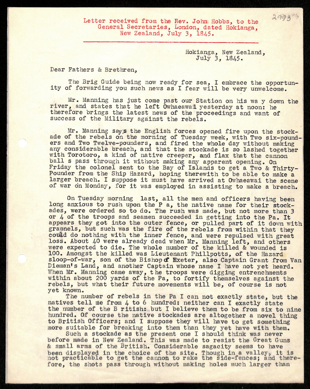 Letter to General Secretaries from Rev. John Hobbs