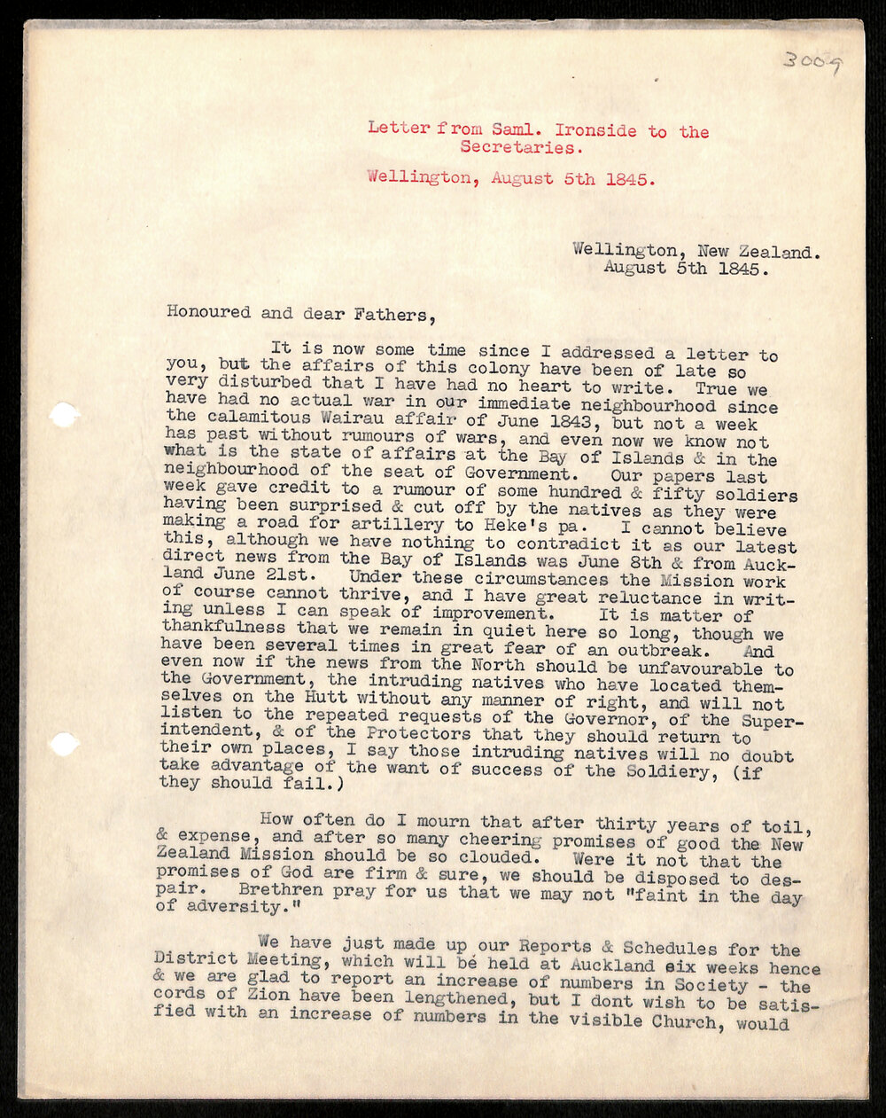 Letter to Secretaries from Saml Ironside
