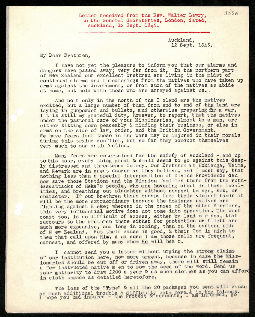 Letter to General Secretaries from Rev. Walter Lawry