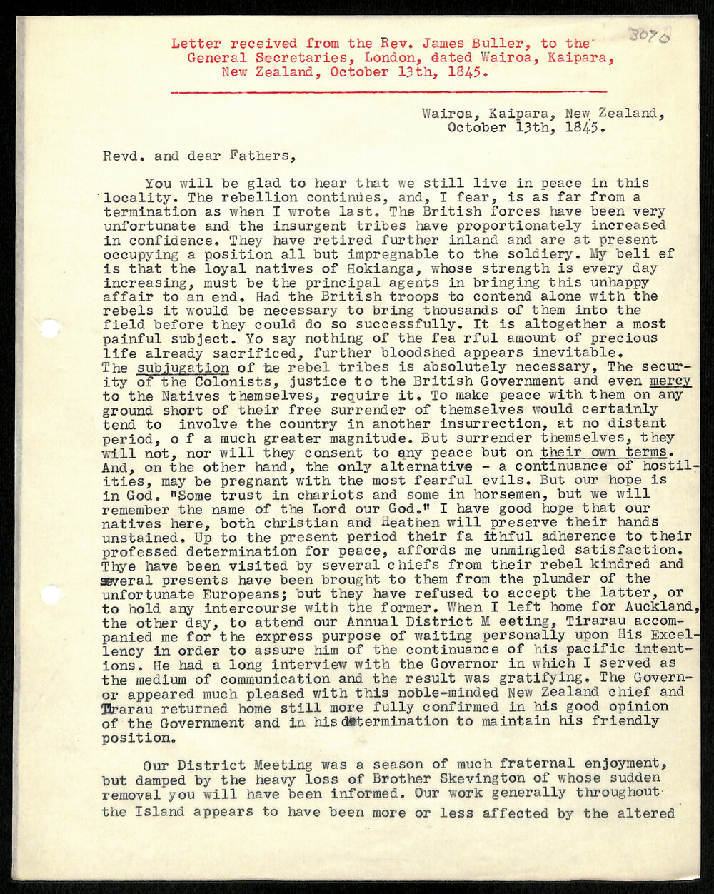 Letter to General Secretaries from Rev. James Buller