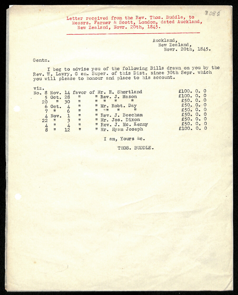 Letter to Farmer and Scott from Rev. Thos Buddle