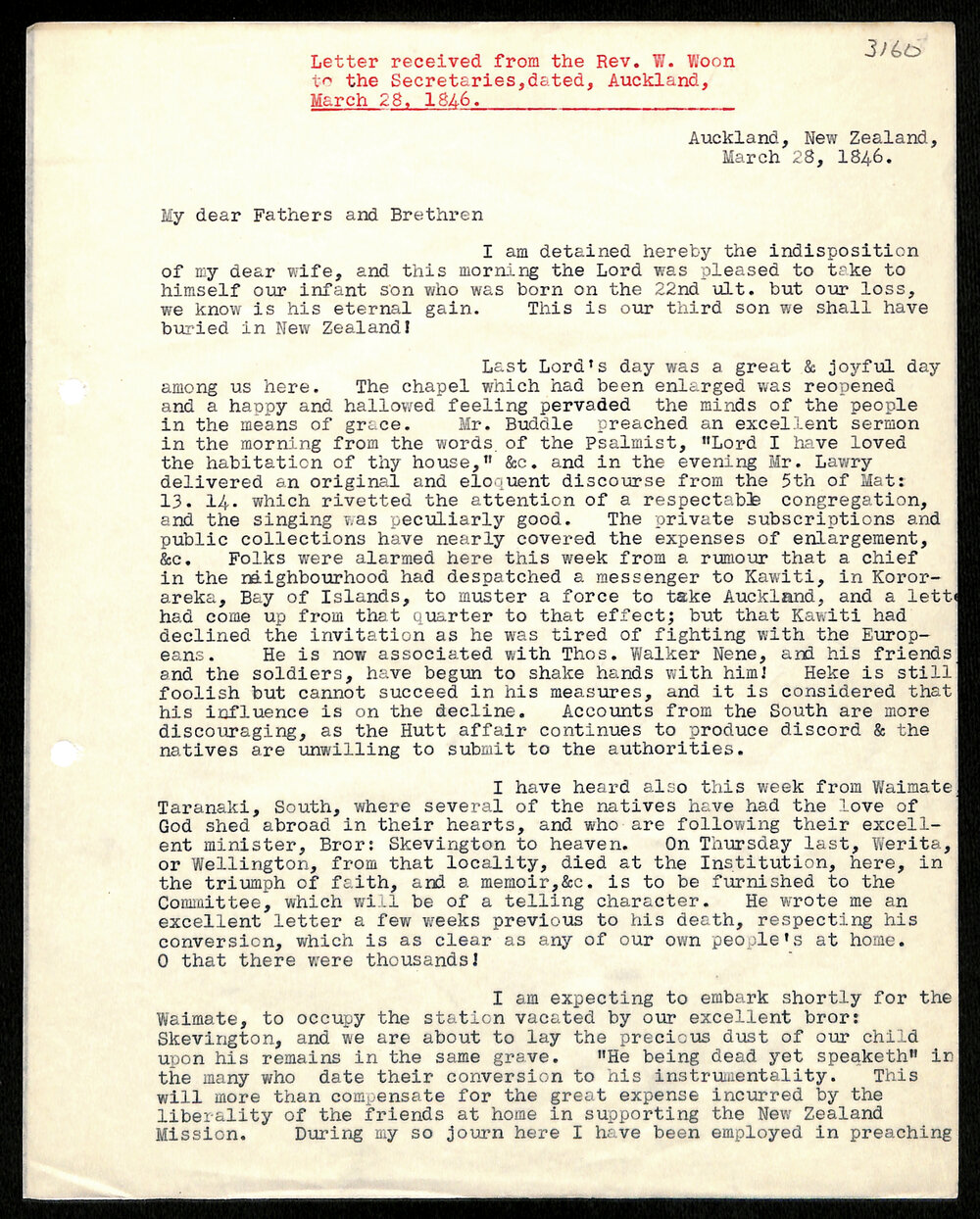 Letter to Secretaries from Rev. W. Woon