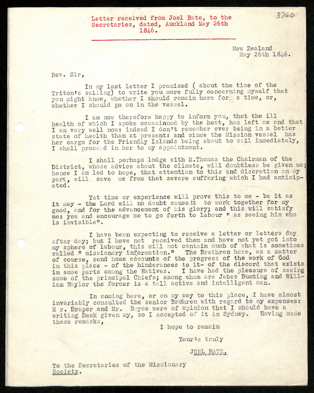 Letter to Secretaries from Joel Bate