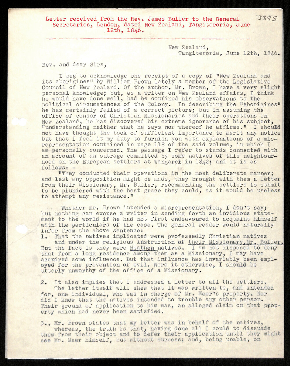 Letter to General Secretaries from Rev. James Buller