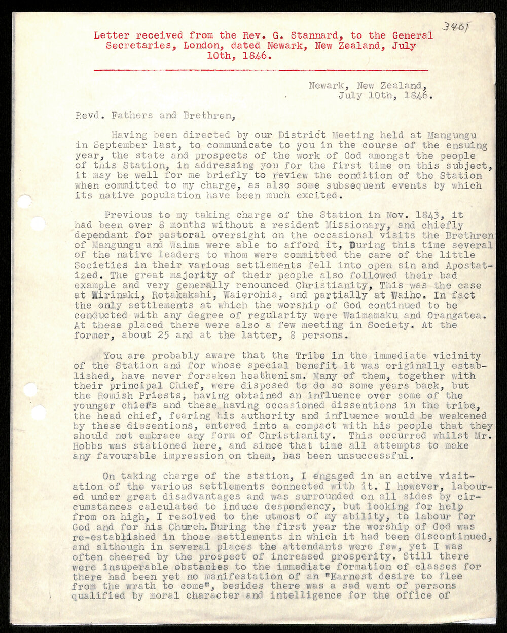 Letter to General Secretaries from Rev. G. Stannard