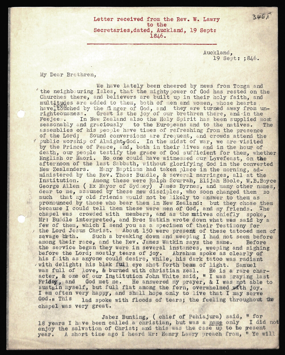 Letter to Secretaries from Rev. W. Lawry