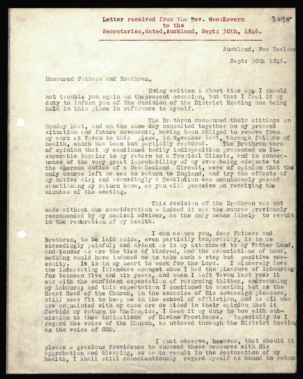 Letter to Secretaries from Rev. Geo Kevern