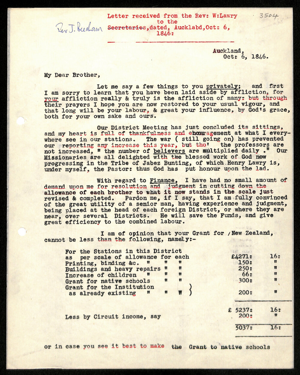 Letter to Rev. J. Beecham from Rev. W. Lawry