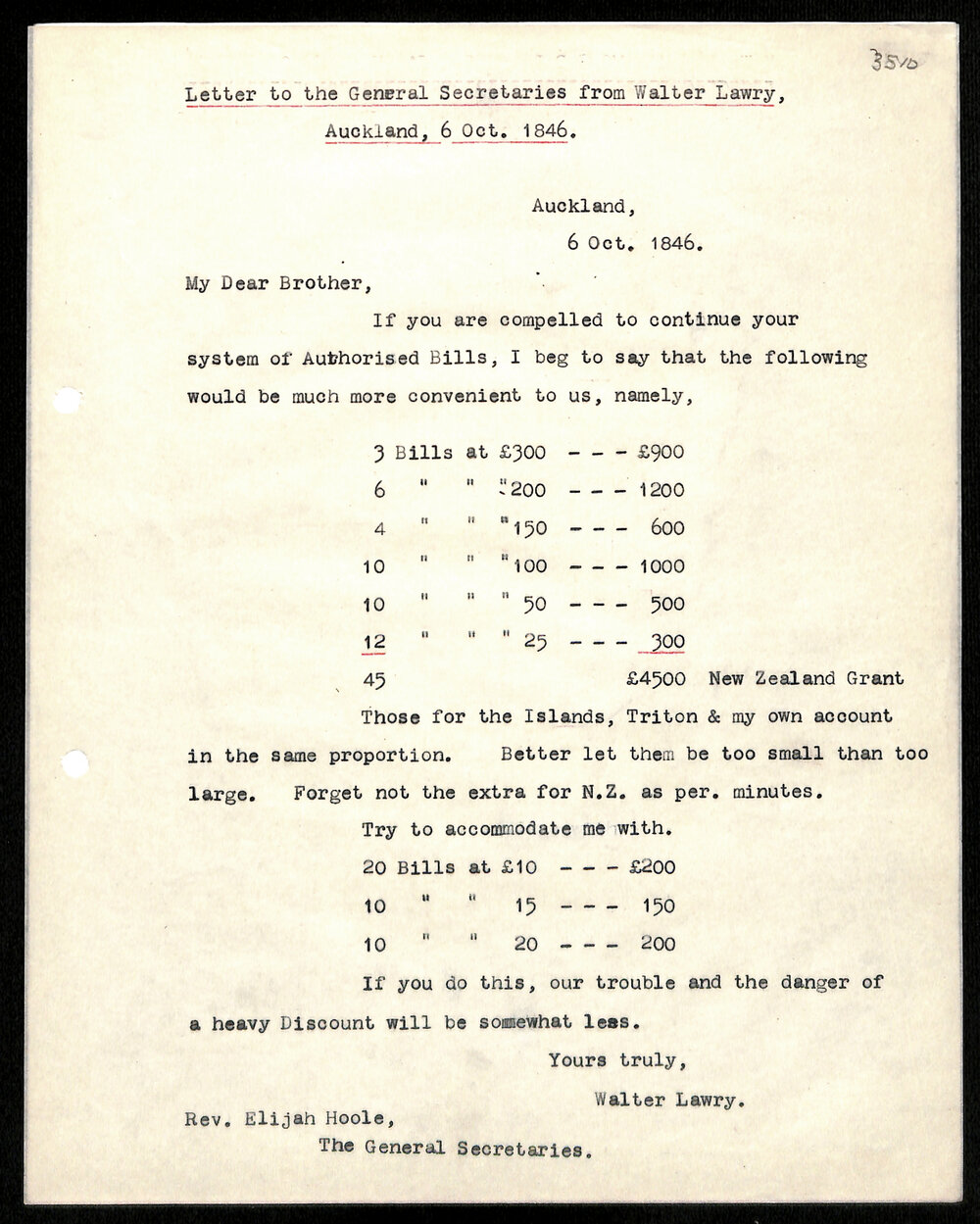 Letter to General Secretaries from Walter Lawry