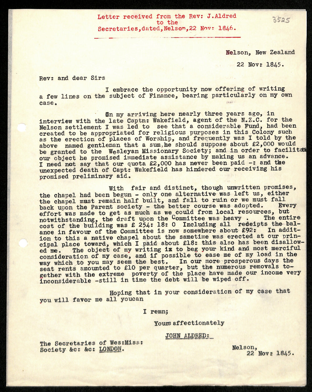 Letter to Secretaries from Rev. J. Aldred