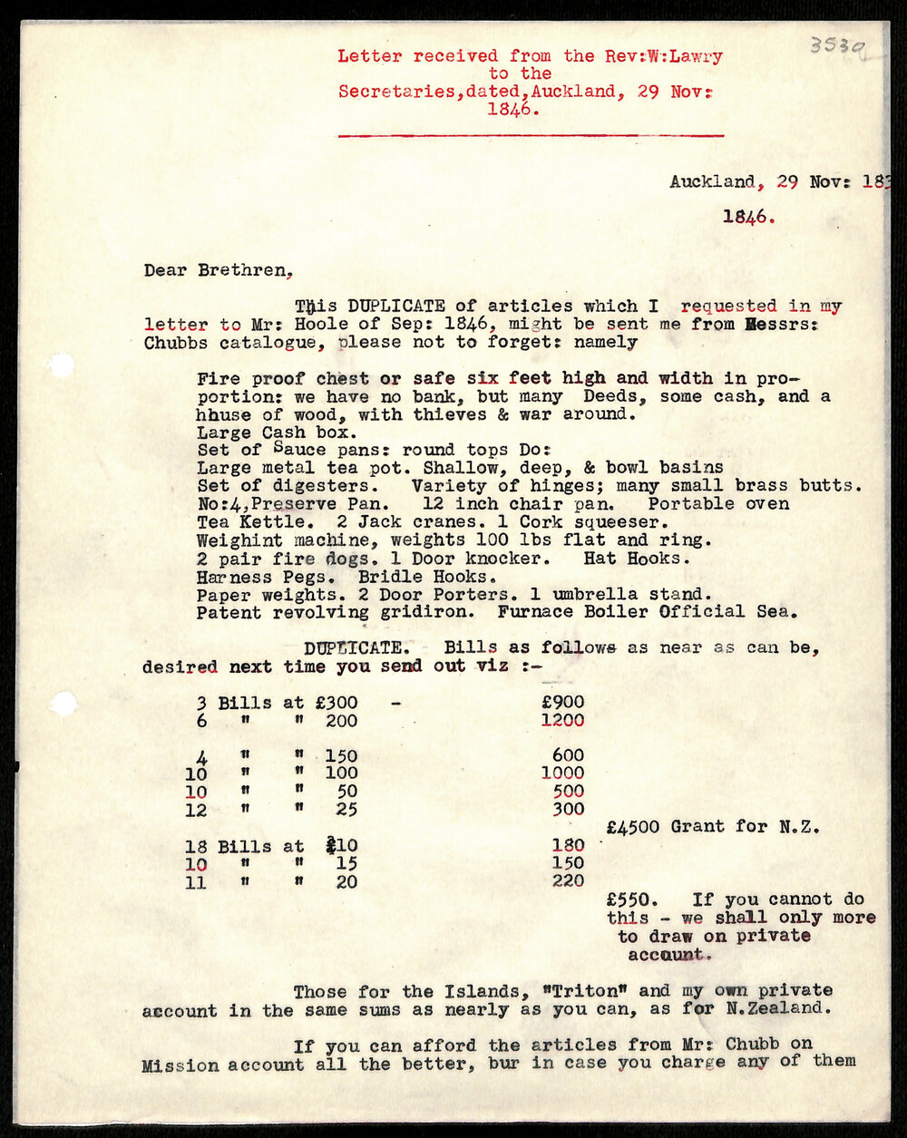 Letter to Secretaries from Rev. W. Lawry