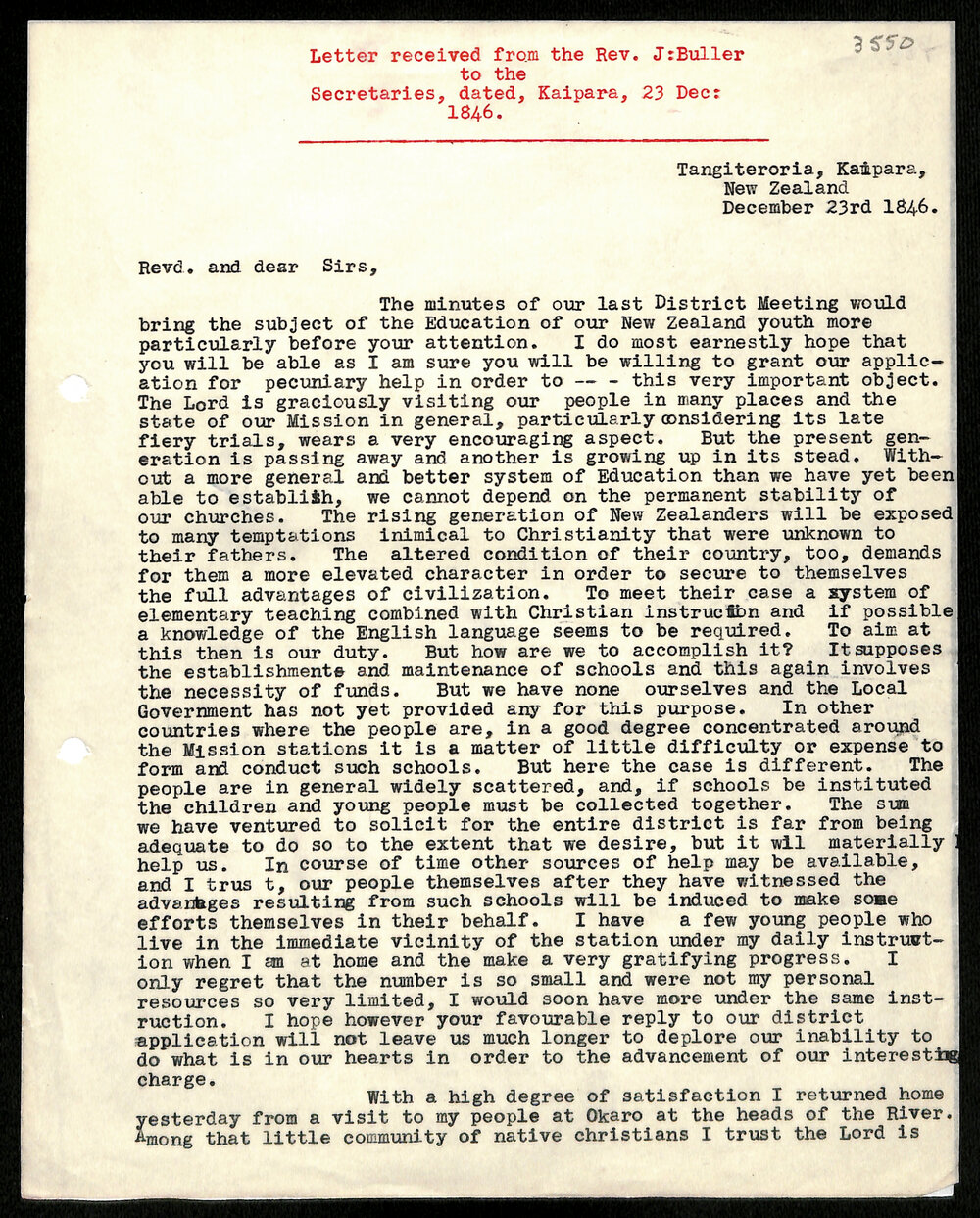 Letter to Secretaries from Rev. J. Buller