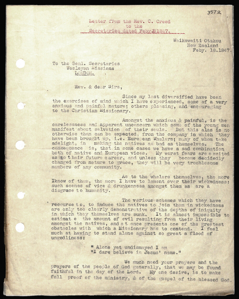 Letter to Secretaries from Rev. C. Creed