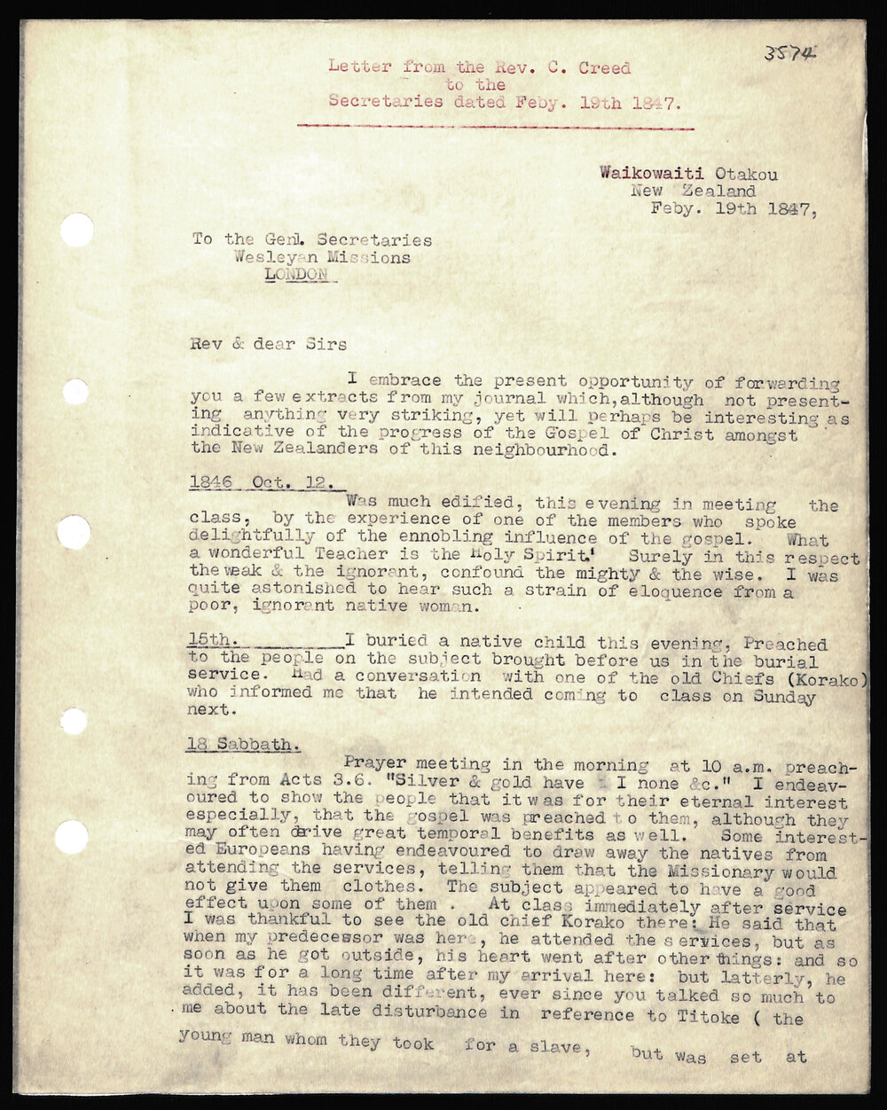 Letter to Secretaries from Rev. C. Creed