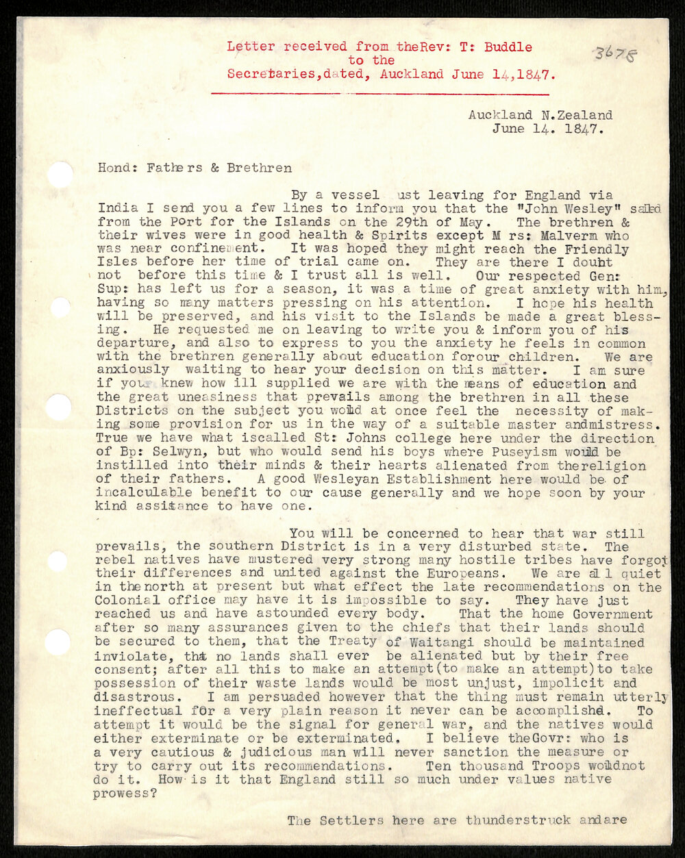 Letter to Secretaries from Rev. T. Buddle