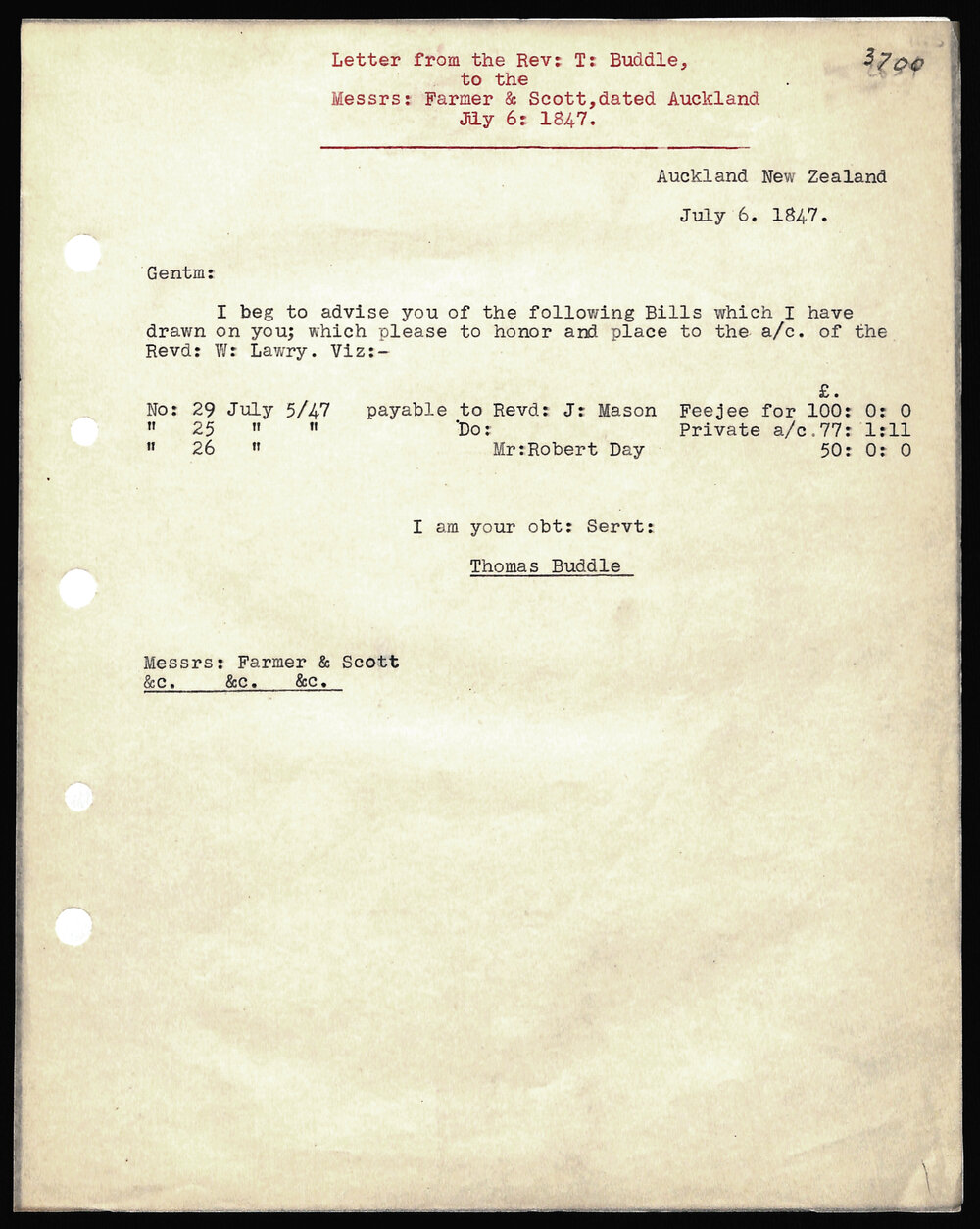 Letter to Messrs. Farmer and Scott from Rev. T. Buddle