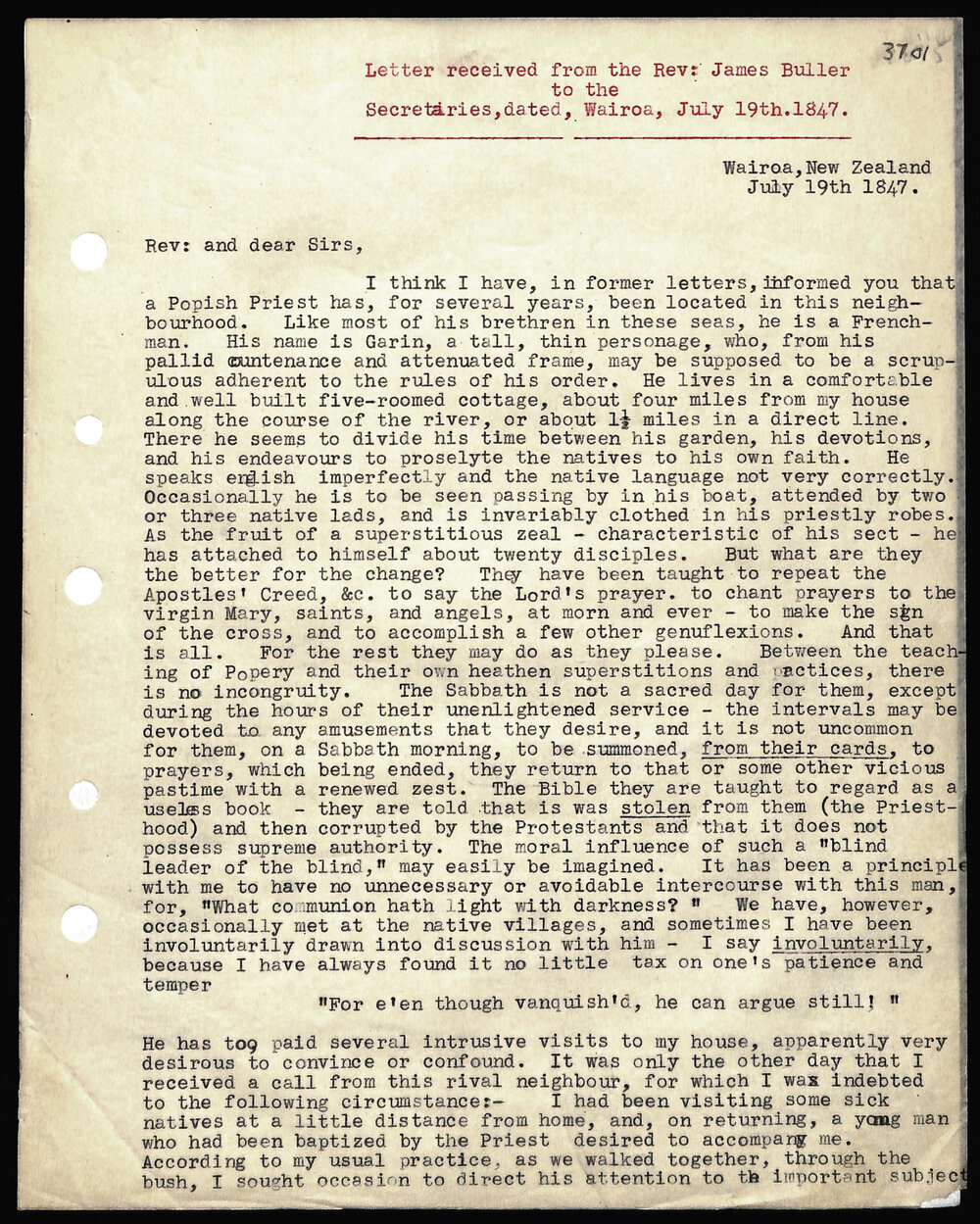 Letter to Secretaries from Rev. James Buller