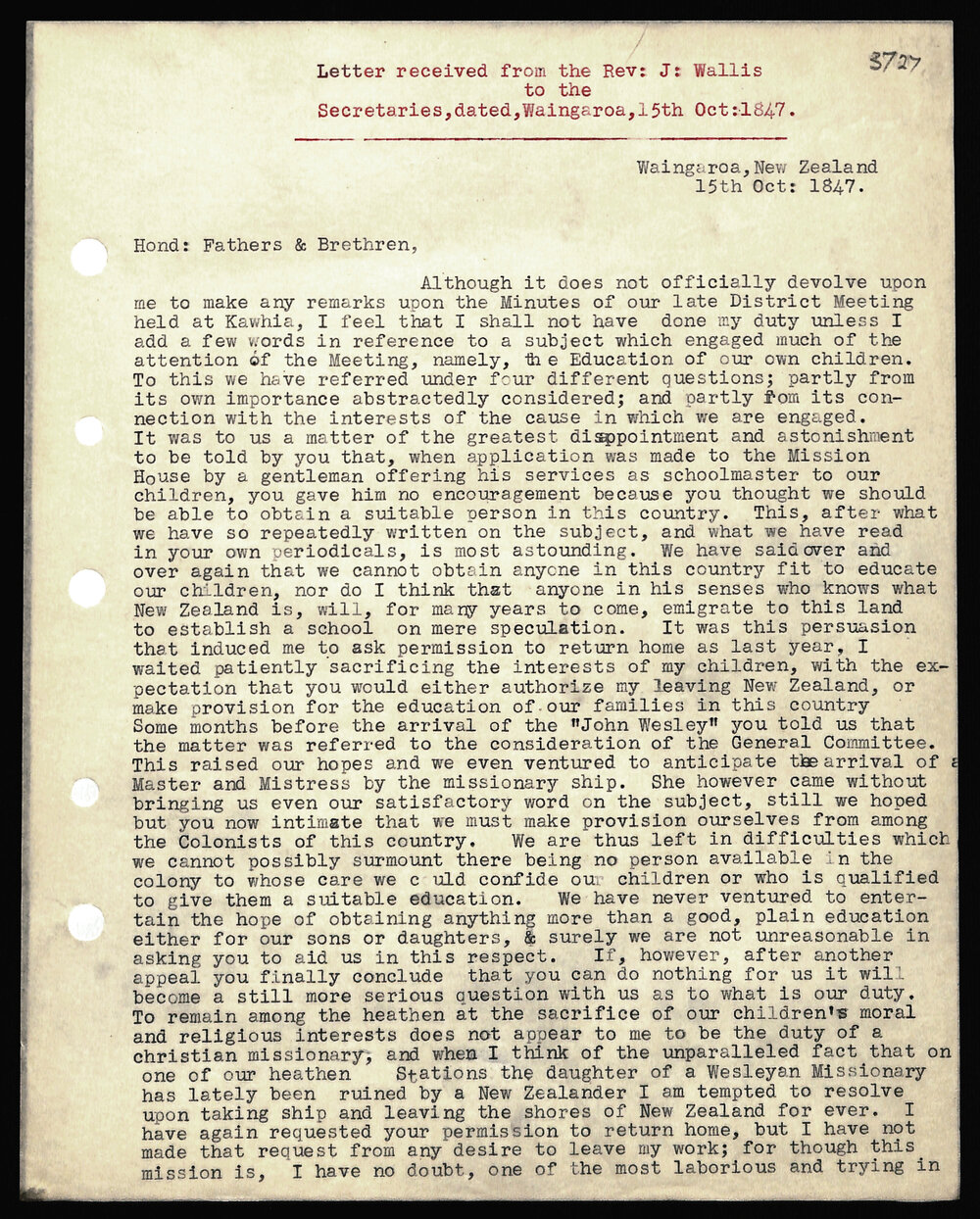 Letter to Secretaries from Rev. J. Wallis