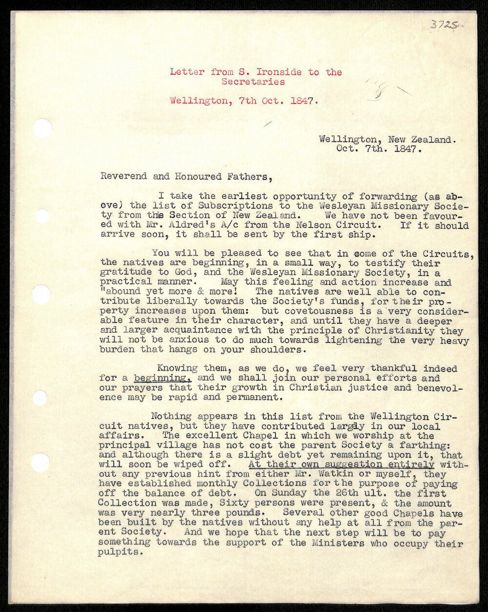 Letter to Secretaries from S. Ironside