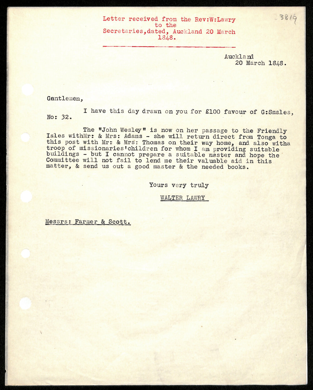Letter to Secretaries from Rev. W. Lawry