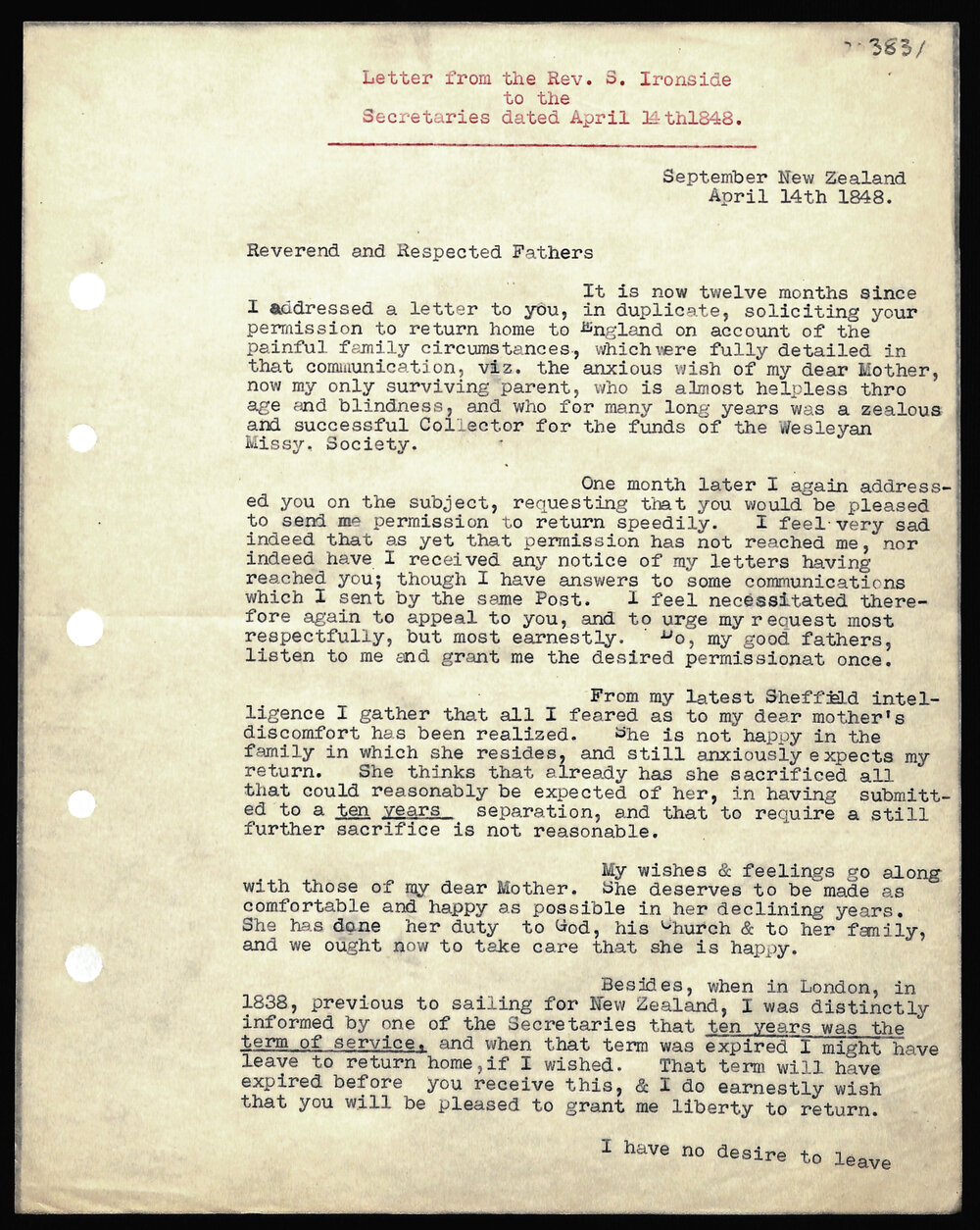 Letter to Secretaries from Rev. S. Ironside