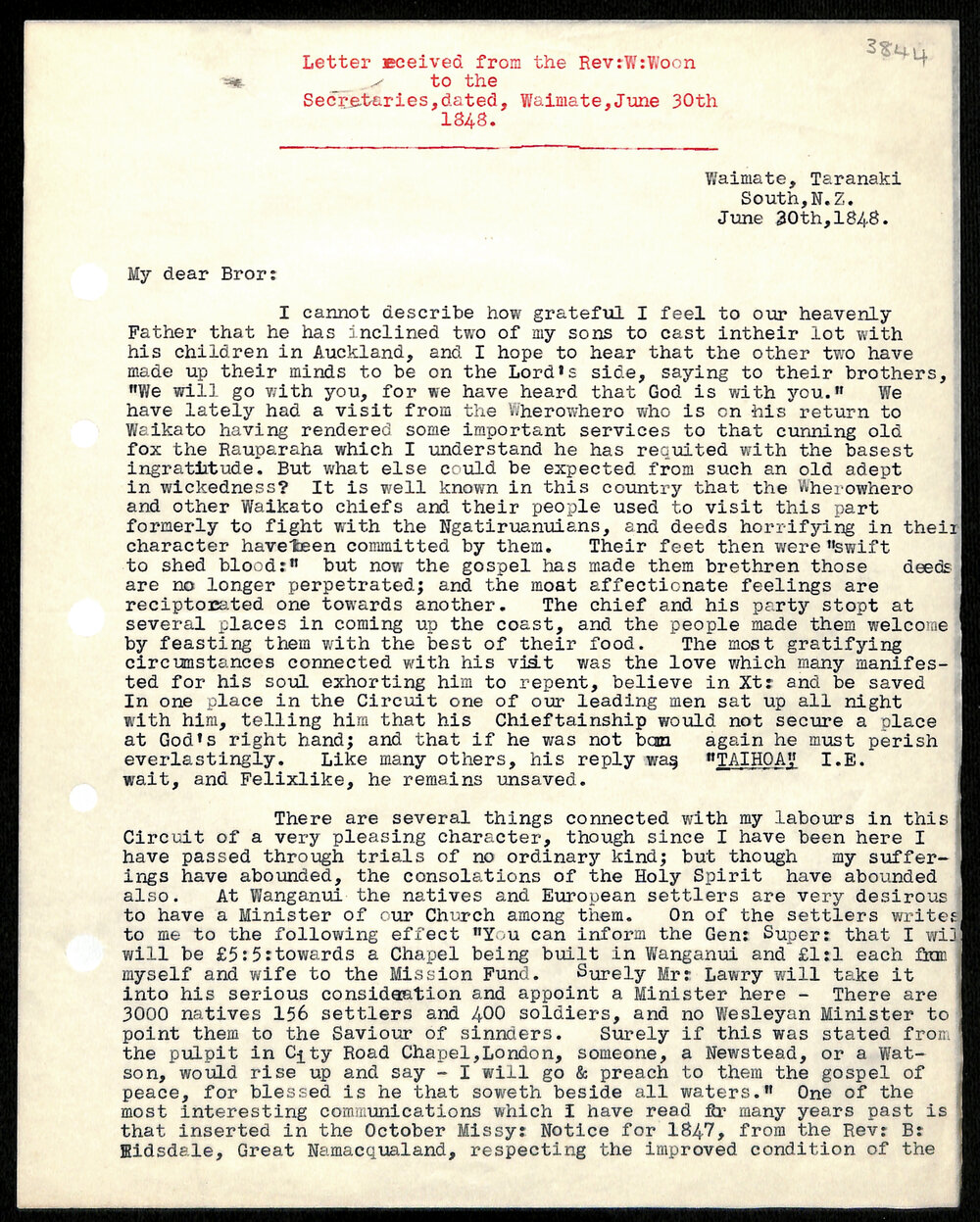 Letter to Secretaries from Rev. W. Woon