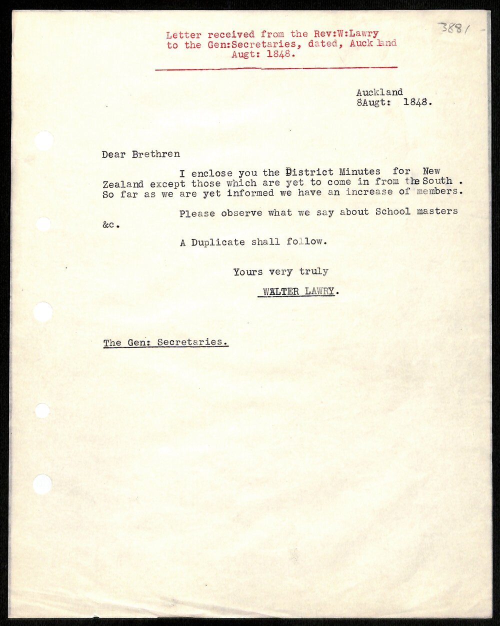 Letter to General Secretaries from Rev. W. Lawry