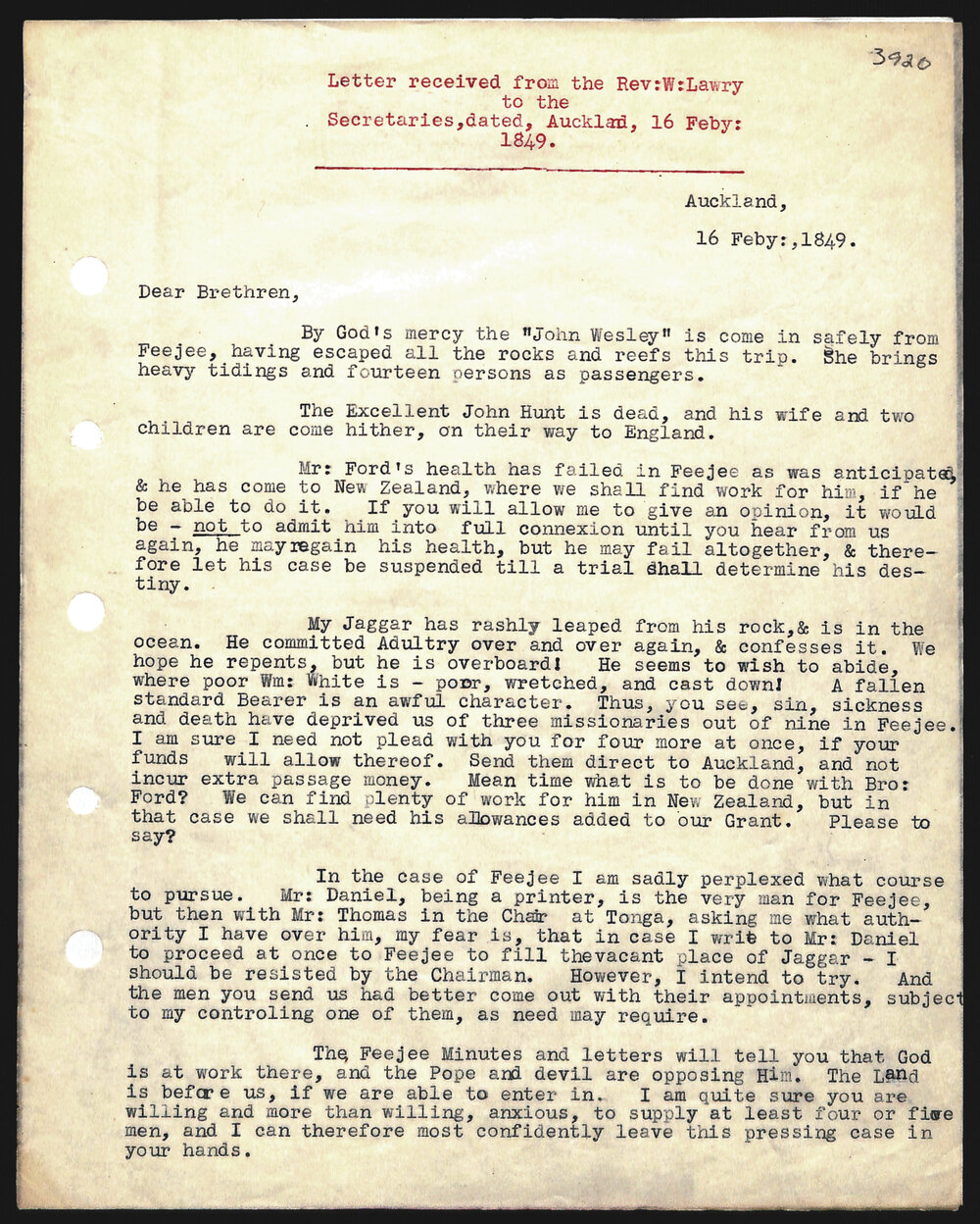 Letter to Secretaries from Rev. W. Lawry