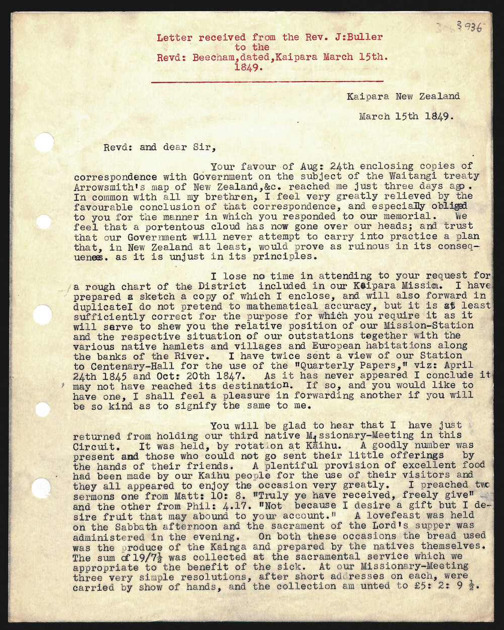 Letter to Revd Beecham from Rev. J. Buller