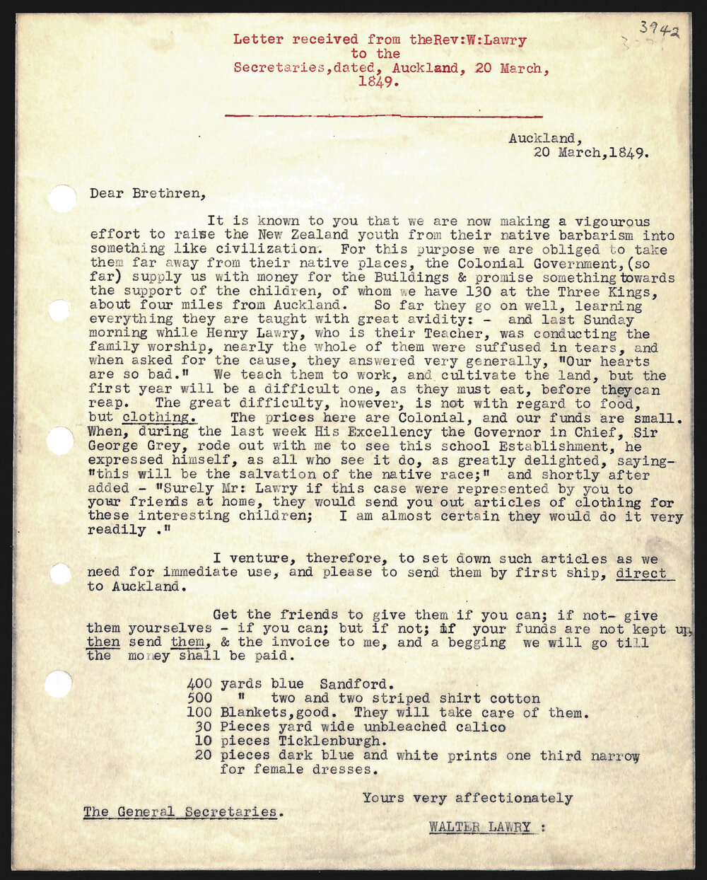 Letter to Secretaries from Rev. W. Lawry