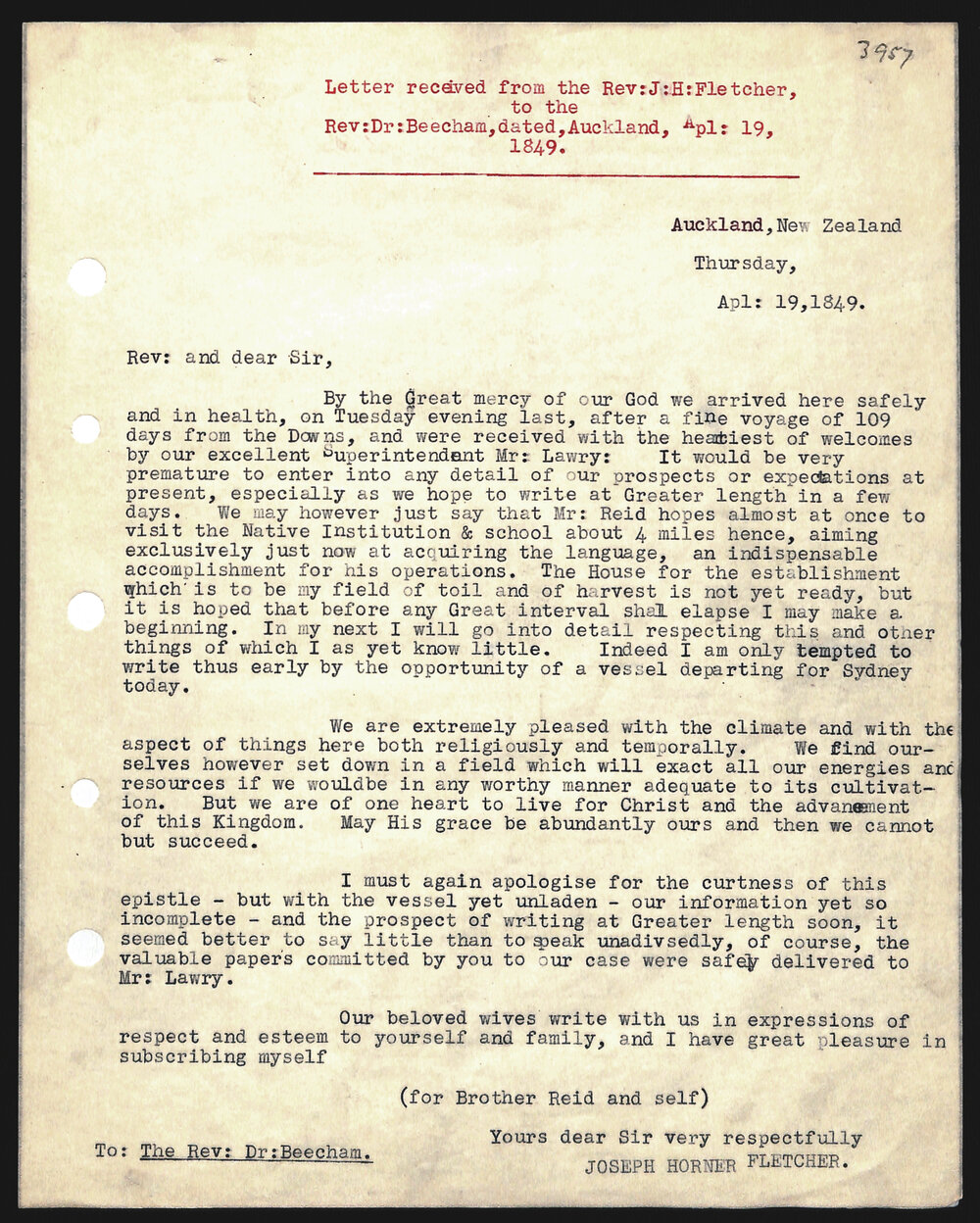 Letter to Rev. Dr. Beecham from Rev. J. H. Fletcher