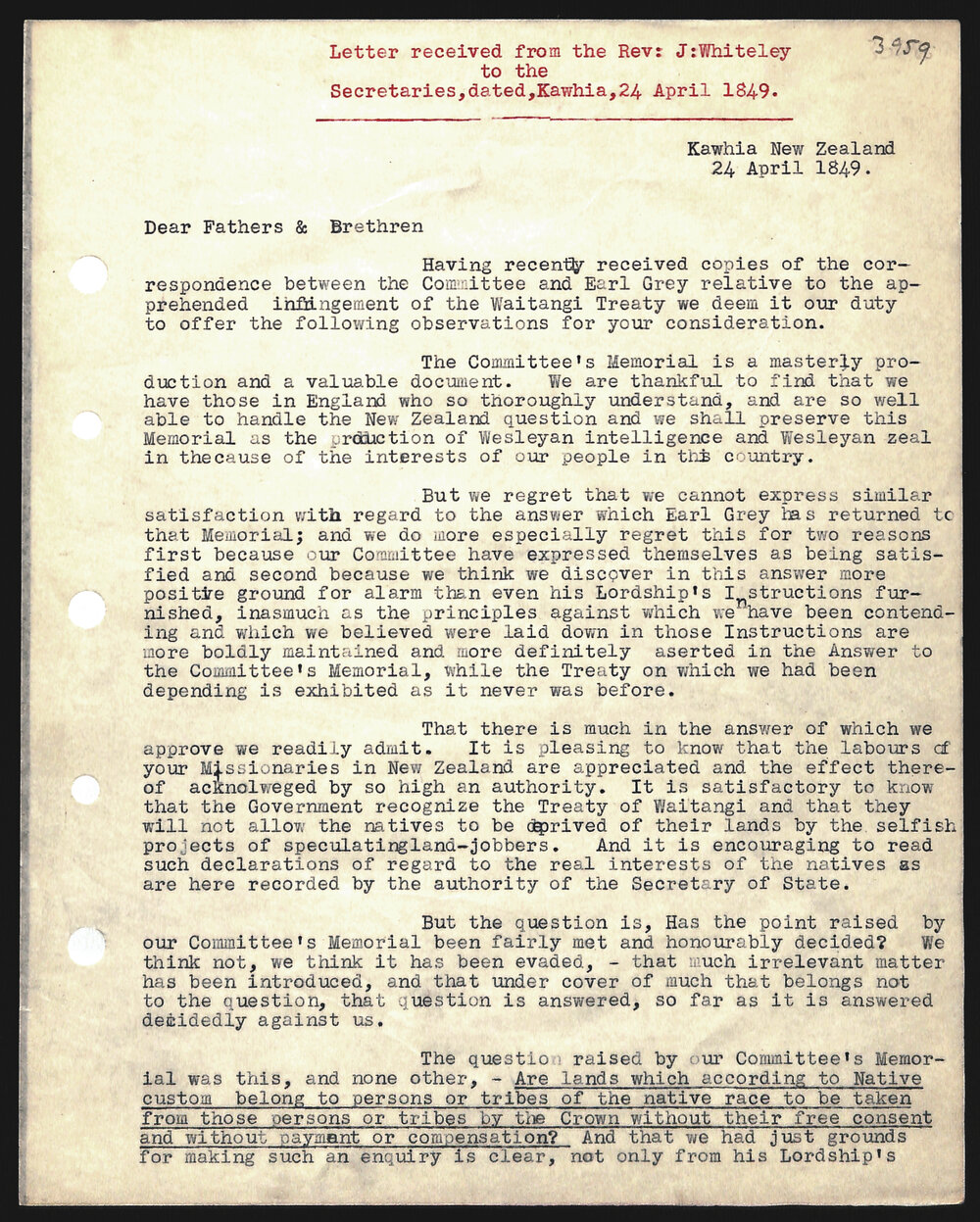 Letter to Secretaries from Rev. J. Whiteley