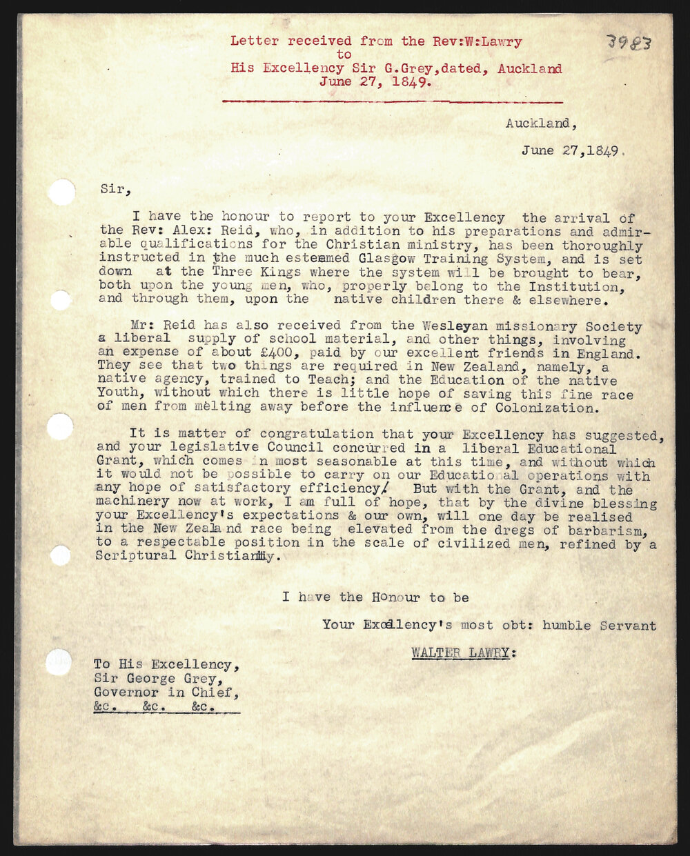 Letter to Sir George Grey from Rev. W. Lawry