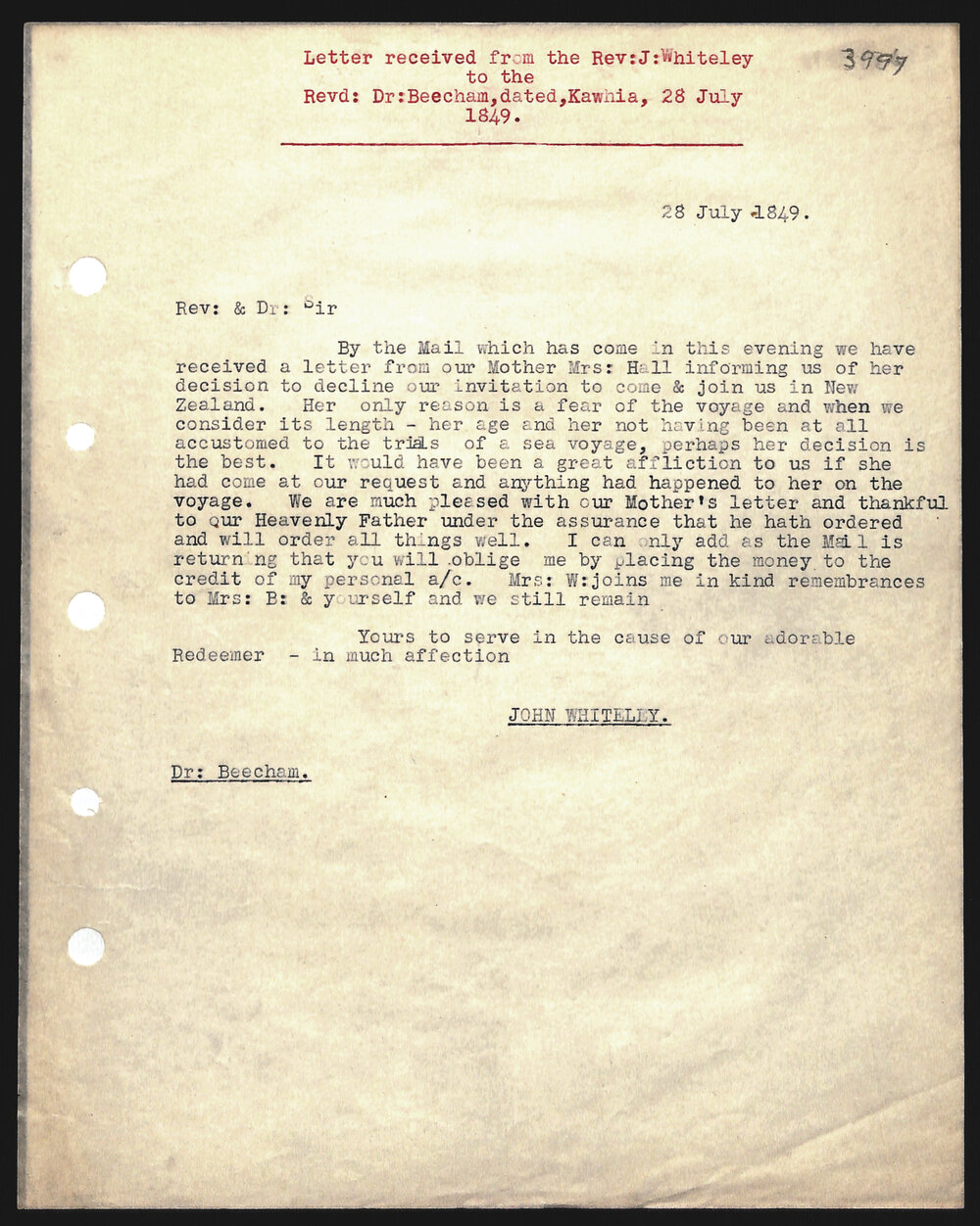 Letter to Revd Dr. Beecham from Rev. John Whiteley