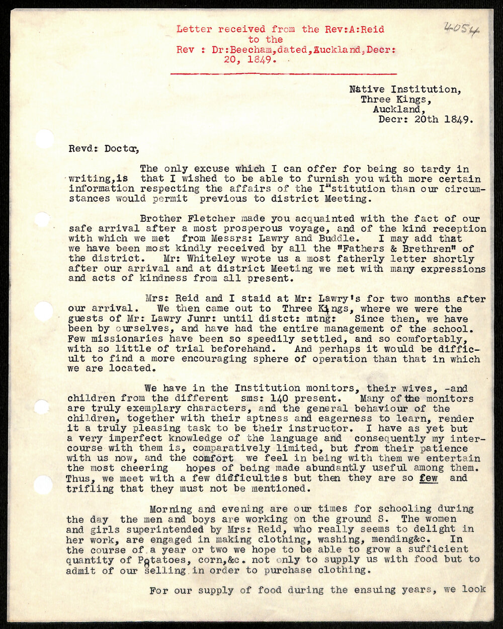 Letter to Rev. Dr. Beecham from Rev. A Reid