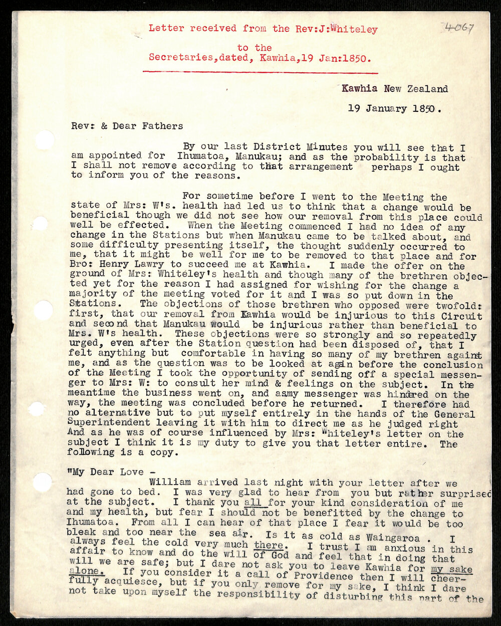 Letter to Secretaries from Rev. J. Whiteley