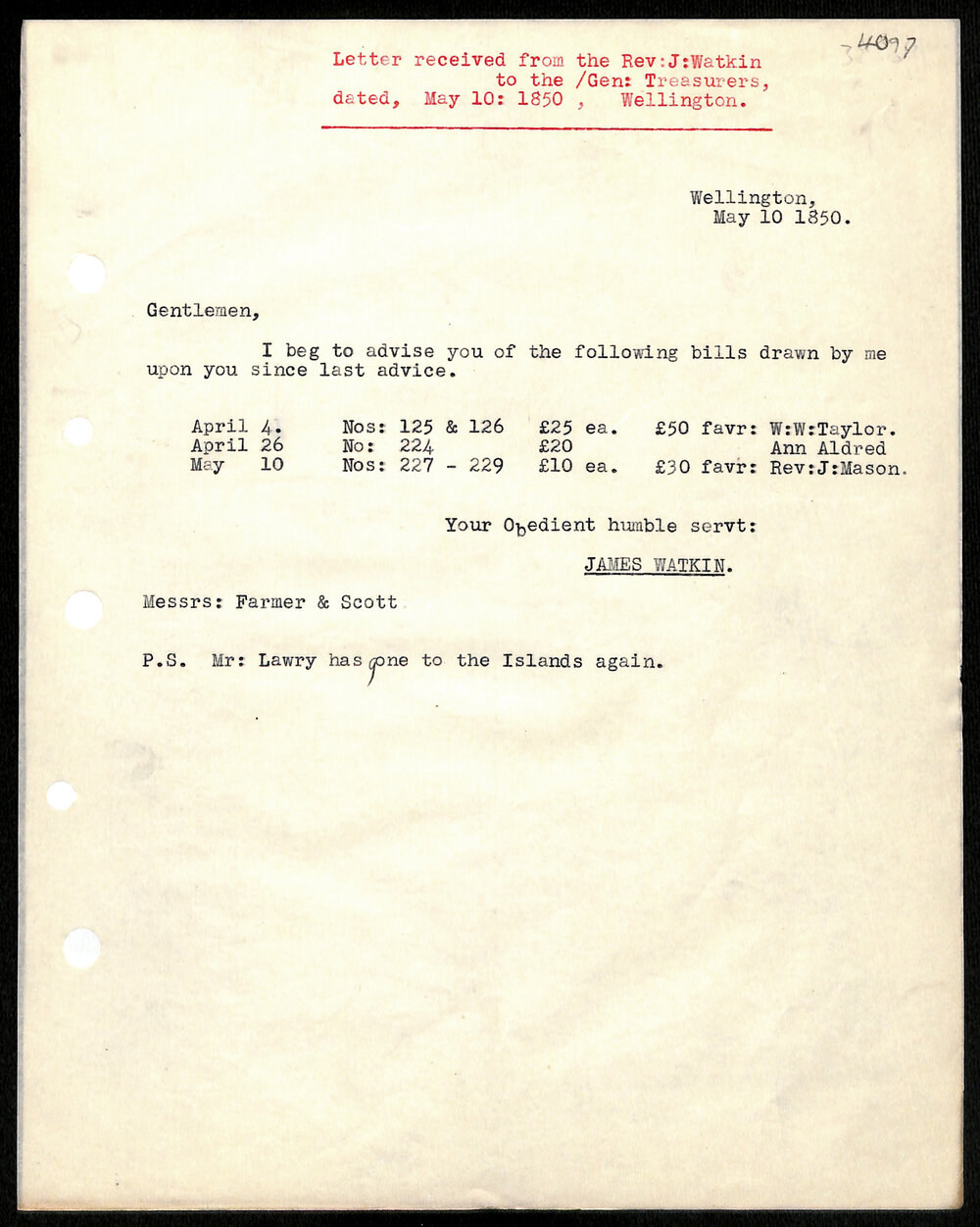 Letter to General Treasurers from Rev. J. Watkin