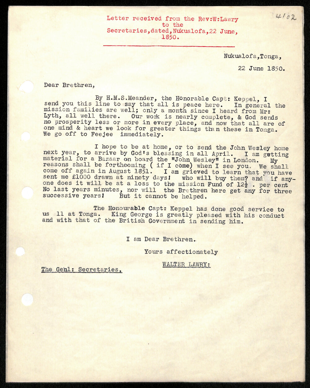 Letter to Secretaries from Rev. W. Lawry