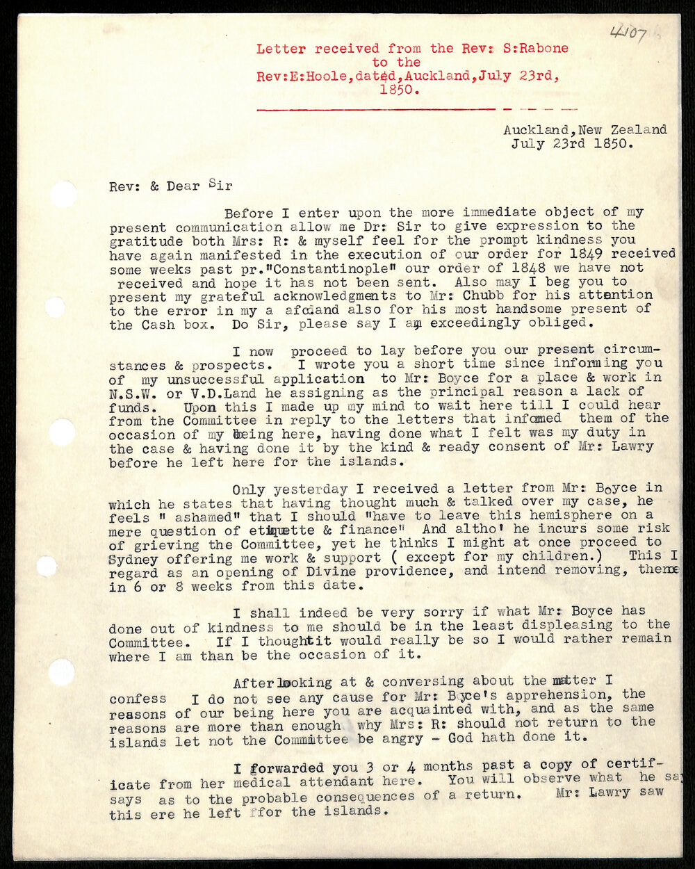 Letter to Rev. E. Hoole from Rev. S. Rabone