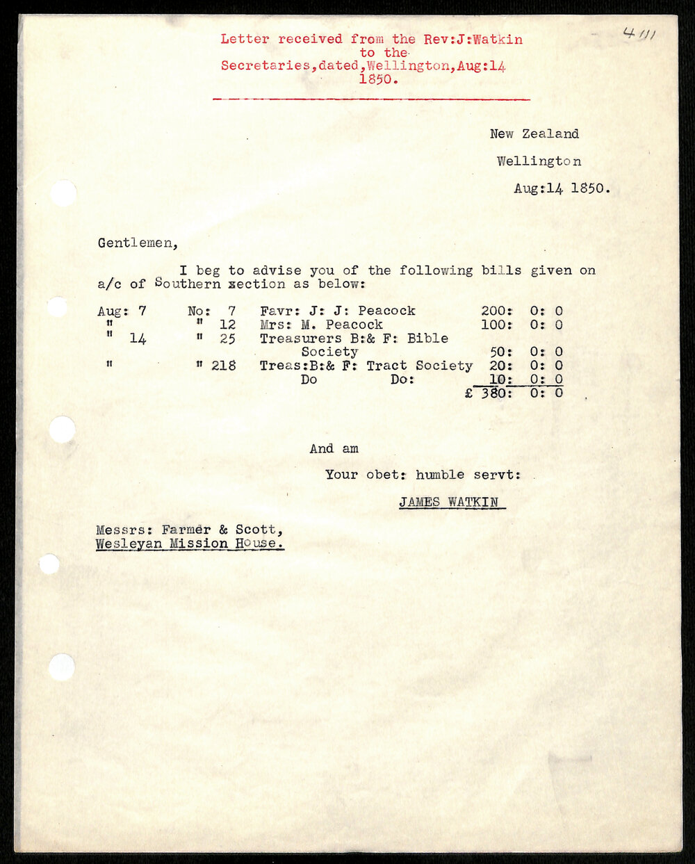 Letter to Secretaries from Rev. J. Watkin