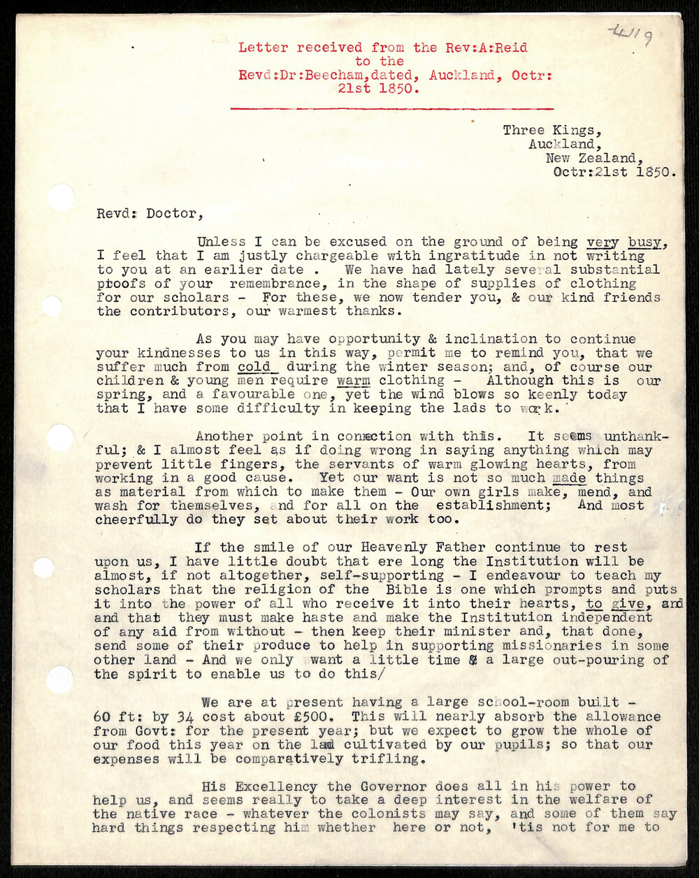 Letter to Rev. Dr. Beecham from Rev. A Reid