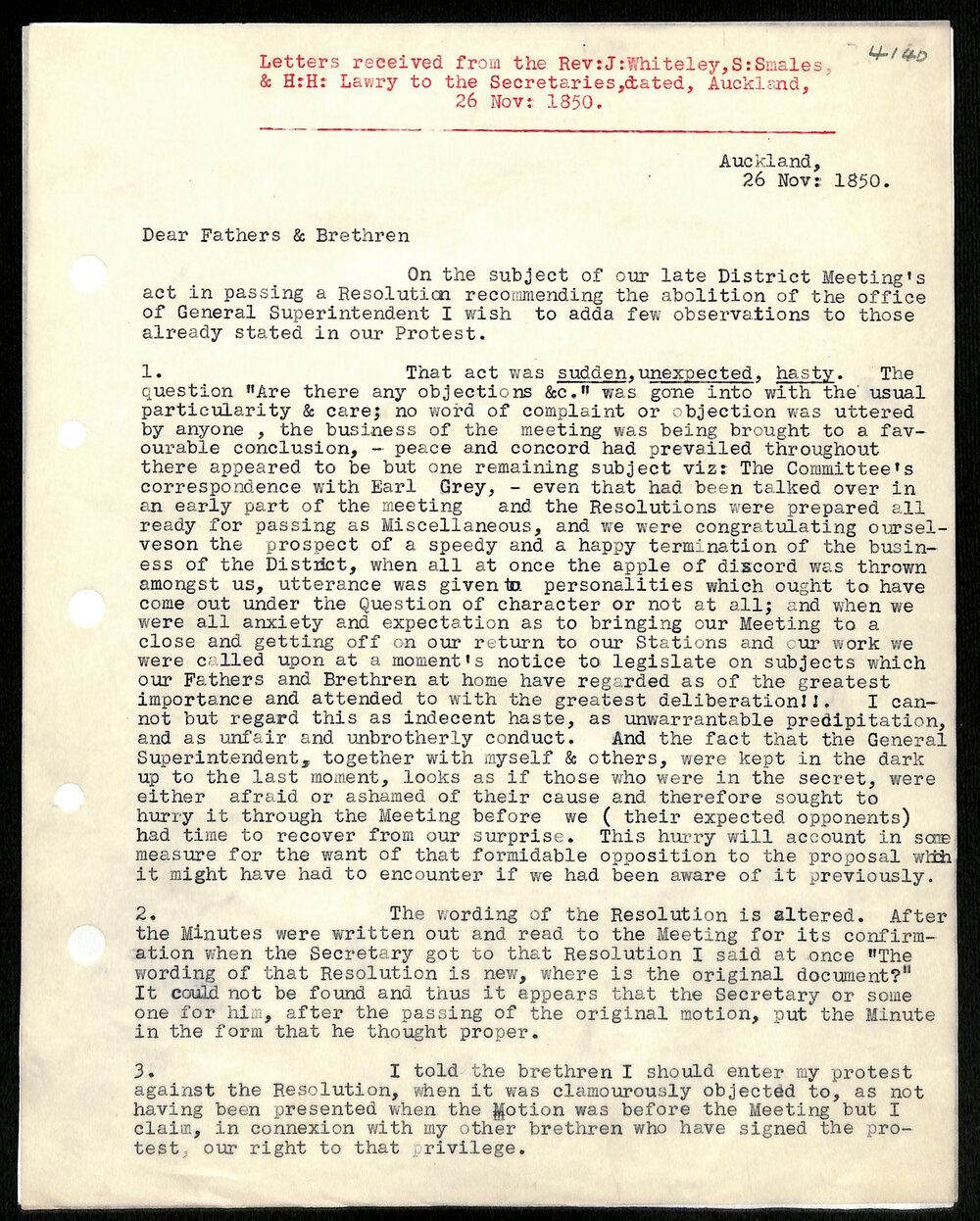 Letter to Secretaries from Rev. J. Whiteley, G. Smales, H. H. Lawry