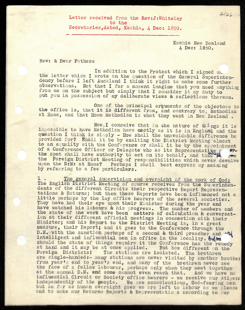Letter to Secretaries from Rev. J. Whiteley