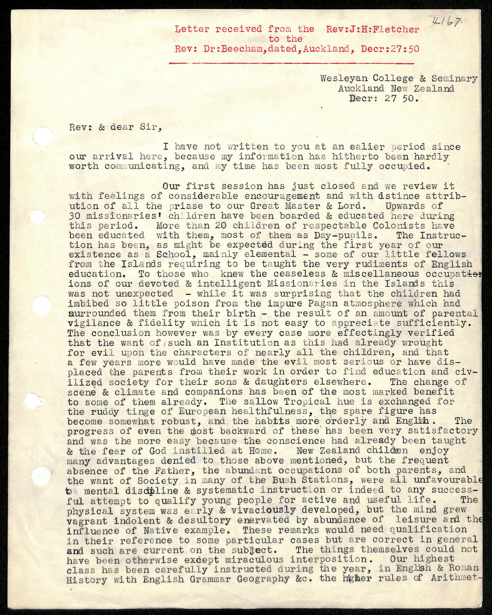 Letter to Rev. Dr. Beecham from Rev. J. H. Fletcher