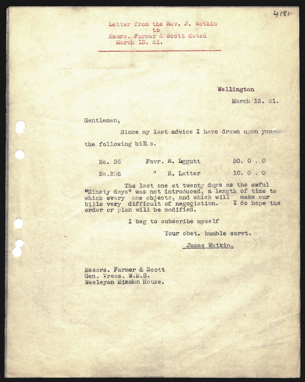 Letter to Messrs. Farmer and Scott from Rev. J. Watkin