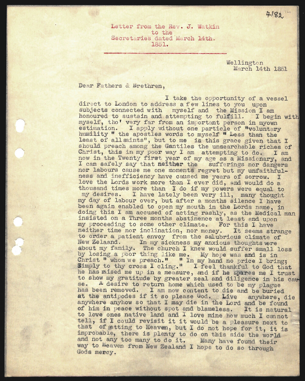 Letter to Secretaries from Rev. J. Watkin