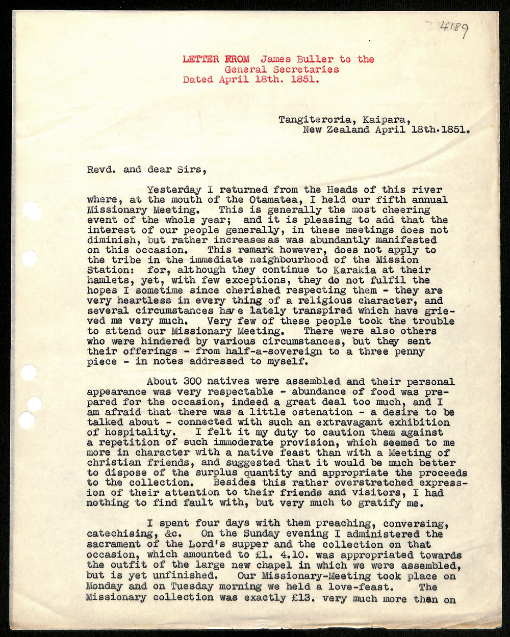 Letter to General Secretaries from James Buller