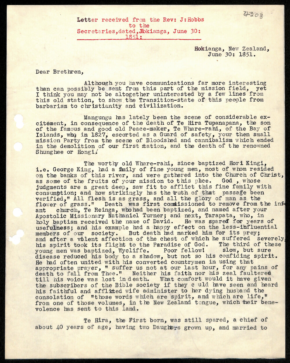Letter to Secretaries from Rev. J. Hobbs