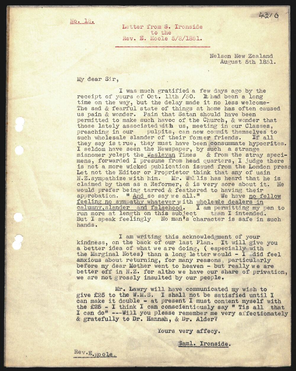 Letter to Rev. E. Hoole from S. Ironside