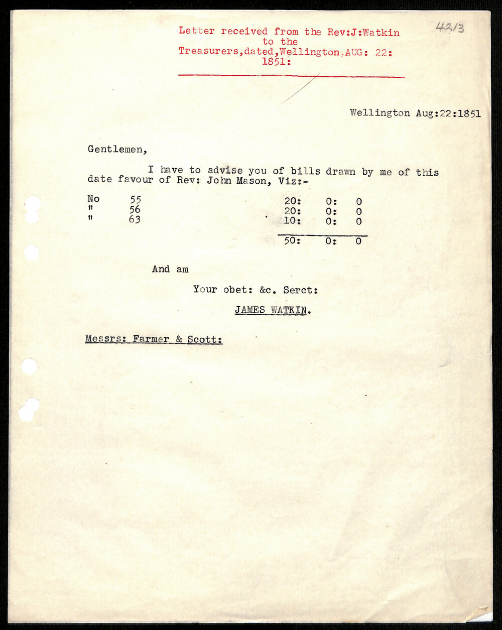 Letter to Treasurers from Rev. J. Watkin